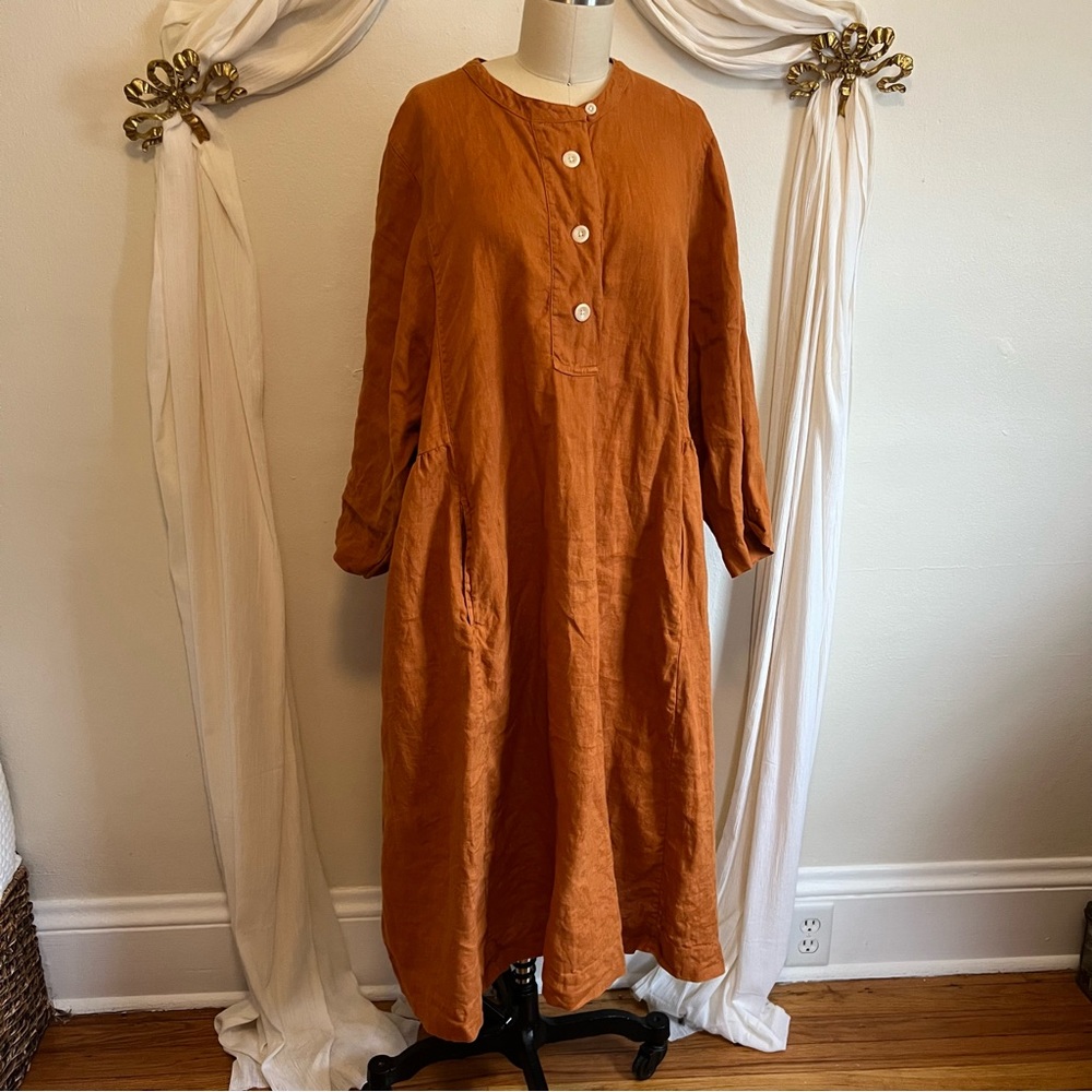 TOAST Relaxed Linen Button-Front Tunic Dress in Rust - Picture 2 of 6